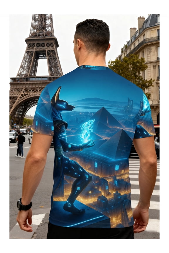 Men'S 3D Egyptian And Sci-Fi Theme T-Shirt, Featuring Anubis, The Sphinx, And Pyramid Prints - Futuristic All-Over Pattern Short-Sleeve Shirt, Suitable for Casual Wear, Themed Events