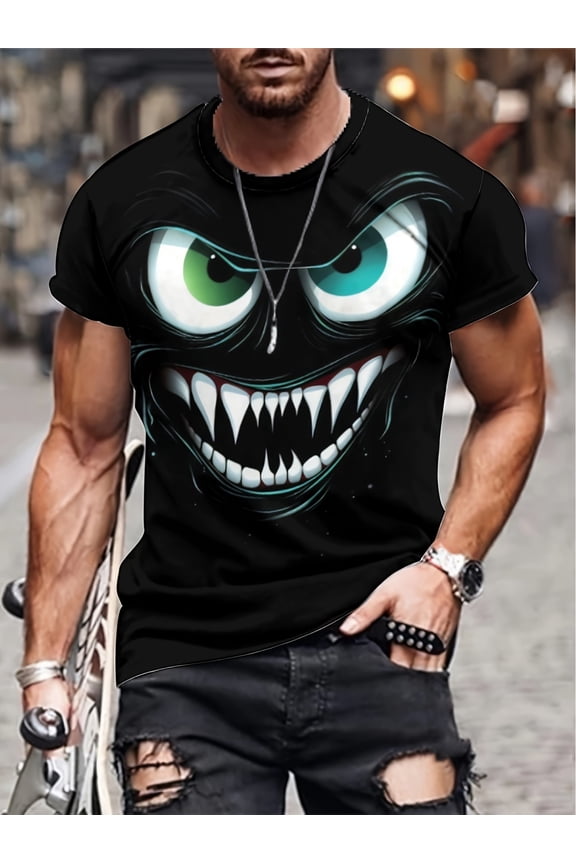 Men'S 3D Evil Smiling Face Print T-Shirt, 2024 Summer Casual Crew Neck Top, Street Cool Fashion Short Sleeve, Polyester 100% Knit Fabric, Slight Stretch, Regular Fit - 150gsm