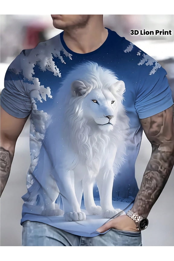 Men'S 3D Lion Print T-Shirt - Casual Short Sleeve Crew Neck, Durable Polyester Fabric, White Lion With Blue Background, Lightweight Summer Tee For Me
