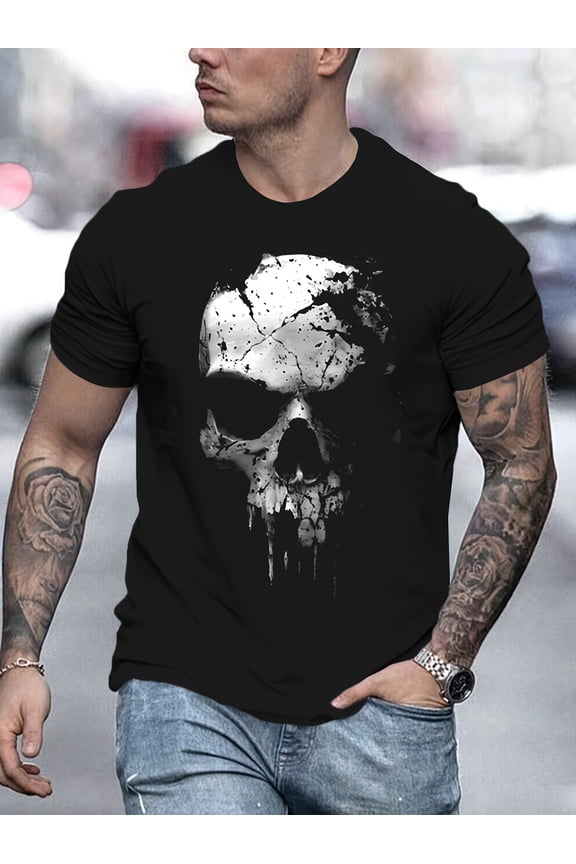 Men'S 3D Skull Print T-Shirt Soft Cotton, Round Neck, Short Sleeve Casual Cool Summer Outdoor 180g
