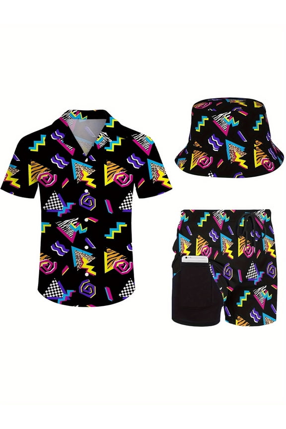 Men'S 3pcs Retro Outfit Beach Set, 80s 90s Sportswear, Hawaiian Sportswear Set, Shirt Beach Shorts And Fisherman Hat Bucket Hat Father'S Day gift perfect gift for dad and boyfriend.
