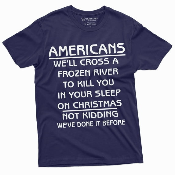 Men'S 4Th Of July Independence Day T-Shirt Americans Crossing Frozen Lake Washington Tee Shirt (Small Navy Blue)