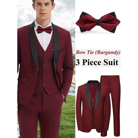Men'S 4pcs Solid Dress Suit Set, Shawl Lapel Collar One Button Blazer Elegant Classic Set   Classic Bow Tie, For Wedding Banquet Formal Occasions, Perfect Gift for Special Events