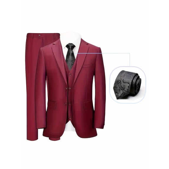 Men'S 4pcs Suit Blazer Tie Vest Pants Two Button Lapel Collar Flap Pockets Plain Color Classic Formal Wear Elegant Blazer Suit Coat For Business Interview Wedding Dinner Party Independence Day