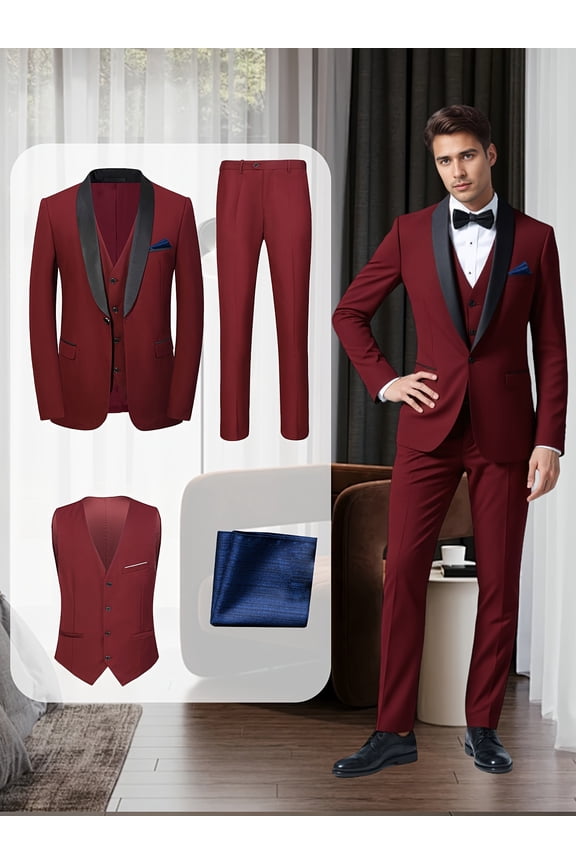 Men'S 4pcs Tuxedo Suit: Jacket, Vest, Dress Pants &Pocket Square