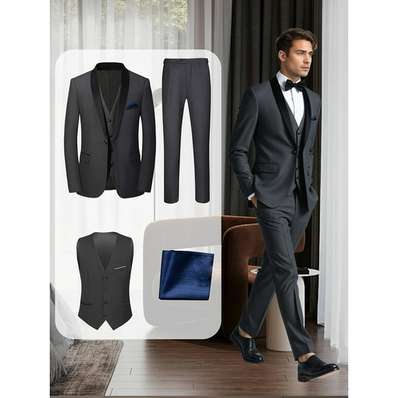 Men'S 4pcs Tuxedo Suit: Jacket, Vest, Dress Pants &Pocket Square