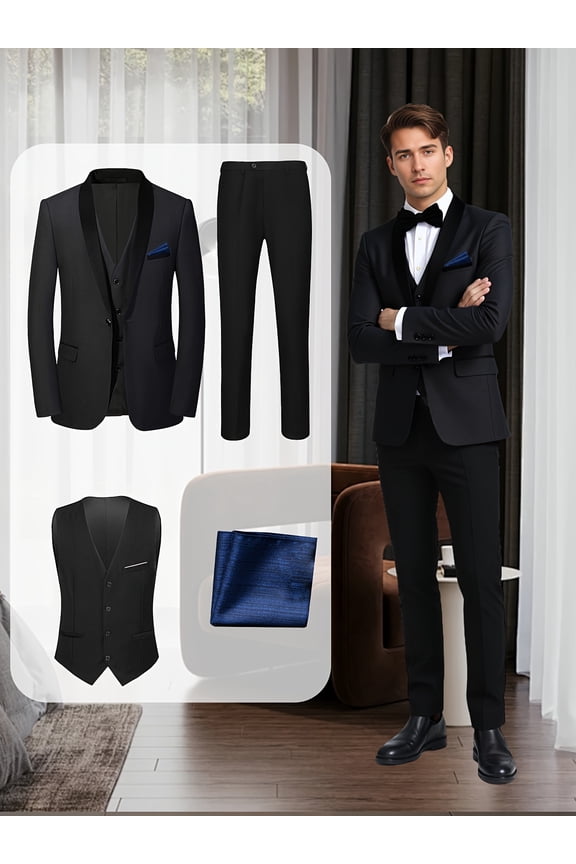 Men'S 4pcs Tuxedo Suit: Jacket, Vest, Dress Pants &Pocket Square