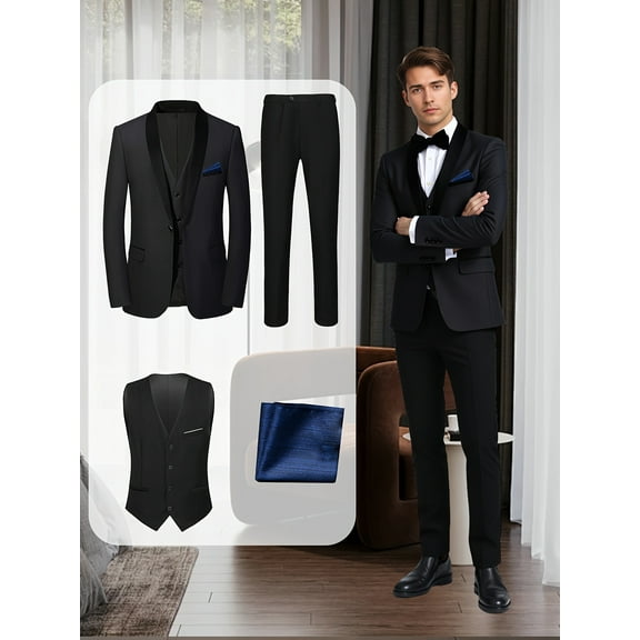 Men'S 4pcs Tuxedo Suit: Jacket, Vest, Dress Pants &Pocket Square