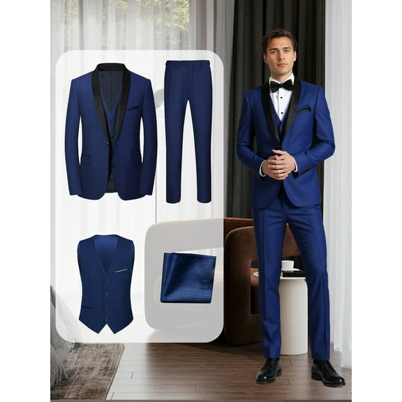 Men'S 4pcs Tuxedo Suit: Jacket, Vest, Dress Pants &Pocket Square