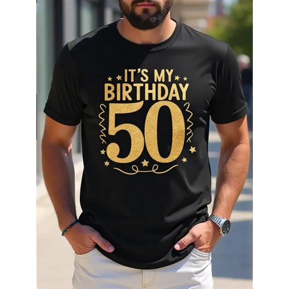 Men'S 50th Birthday Celebration T-Shirt - Black with Golden "50" - Crew Neck Casual Tee - Regular Fit Birthday Party Shirt - All-Season Comfort Knit Fabric - Funny Birthday