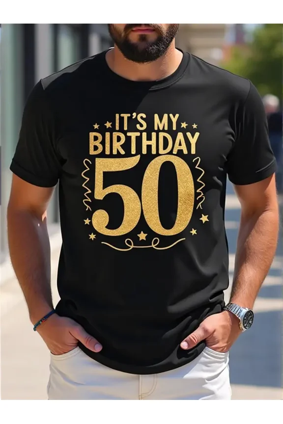 Men'S 50th Birthday Celebration T-Shirt - Black with Golden "50" - Crew Neck Casual Tee - Regular Fit Birthday Party Shirt - All-Season Comfort Knit Fabric - Funny Birthday