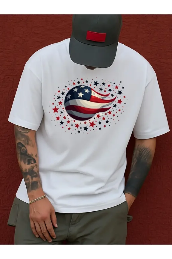 Men'S American Pride Stars Patriotic USA Flag T-Shirt - Heavyweight 180GSM 100%, Red White & Blue Star-Spangled Design, Round Neck Short Sleeve Casual Gym & Casual Attire