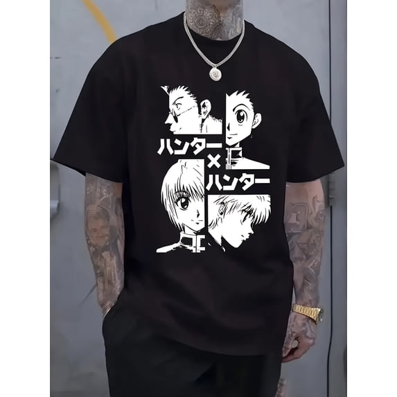 Men'S Anime Graphic Print T-Shirt - Streetwear Casual Short Sleeve Round Neck Tee with Japanese Text & Character Art, Regular Fit Summer Top, Machine Washable Comfortable Shirt for Casual Attire,