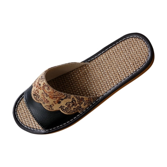 Men'S Anti-Skid Slide Slippers European Style Velvet Printed Linen Leather Slippers Men's Spring And Summer Home Indoor Wooden Floor Sandals Men'S Summer Spa Flip-Flops