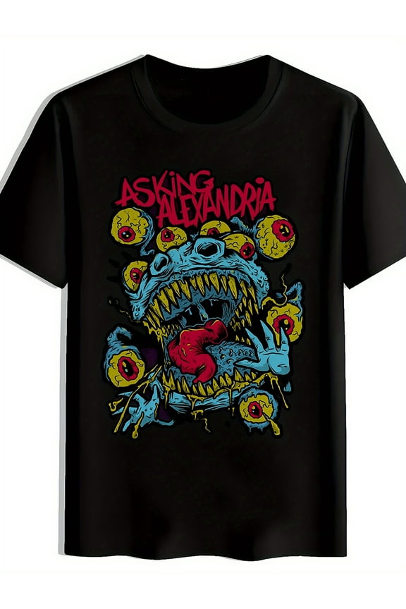 Men'S Asking Alexandria Graphic T-Shirt - British Metalcore Band Design, Casual Crew Neck Short Sleeve Tee, Vibrant Blue & Yellow Print, Lightweight Summer Top for Rock Music Fans, Rock Band T Shirts