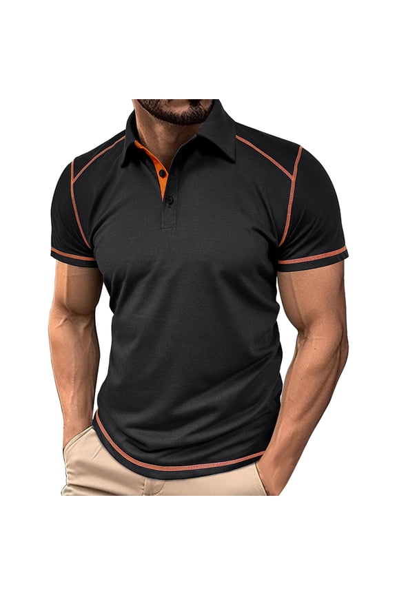 Men'S Athletic Shirts & Tees Button Down Lapel Solid Color Short Sleeve Sleeve Rugby Shirt for Men,Black,L