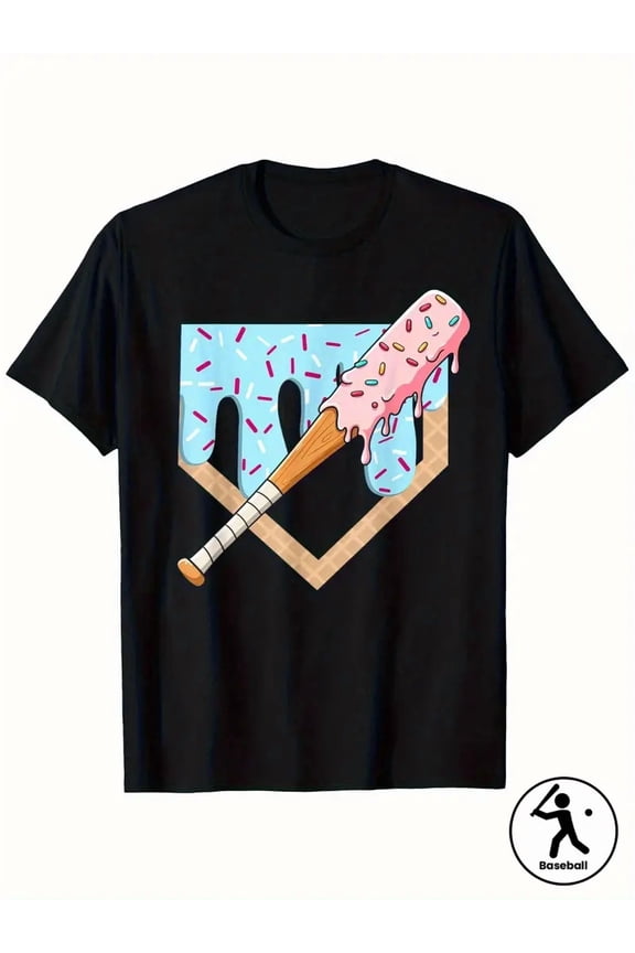 Men'S Baseball Bat Ice Cream Graphic T-Shirt - Black with Pink & Blue Ice Cream Cone Design, Retro Sports Fan Apparel for Casual Weekend Wear, All-Season Comfort, Baseball T Shirt