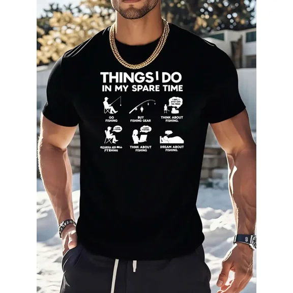 Men'S Bass Fishing Graphic T-Shirt - 100% Cotton Crew Neck Short Sleeve, Comfortable Loose Fit with Cartoon Illustrations, Perfect Gift for Fishing Enthusiasts, All-Season