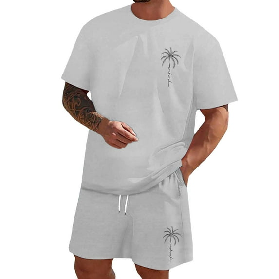 Men'S Beach Shorts Graphic Athletic T Shirt Casual Short Sleeve And Shorts Set Summer Loungewear Lightweight Tracksuit (Light Gray,2XL)