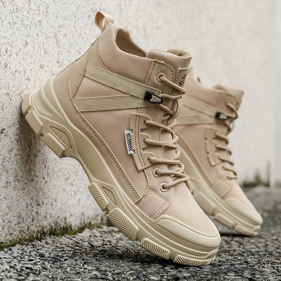 Men'S Beige & Black High-Top Tactical Boots - All-Season Outdoor Hiking, Gym, Streetwear - Lace-Up Ankle Support, Breathable Fabric Upper, Non-Slip PVC Sole - Beige/Black Color Options