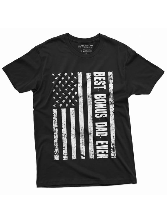 Men'S Best Bonus Dad Ever T-Shirt Usa Flag American Step Dad Father'S Day Birthday Gift For Man (Large Black)