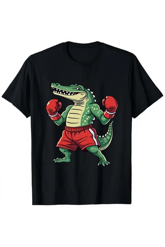 Men'S Black Boxing Crocodile Graphic T-Shirt - All-Season Comfort Stretch Crew Neck Short Sleeve Tee with Green Alligator Boxing Print, Casual Streetwear Top for Gym, Travel