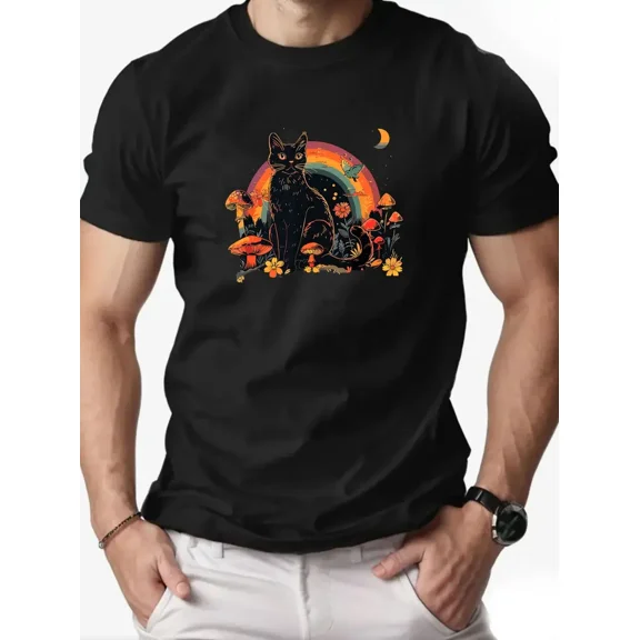 Men'S Black Cat Graphic Cotton T-Shirt - Casual Crew Neck, Short Sleeve, Summer Tee with Rainbow & Mushroom Design