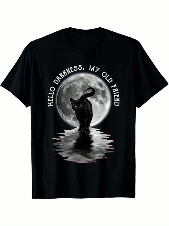 Men'S Black Cat Moon Graphic T-Shirt Casual Tee, Streetwear Style, Funny Quote Print