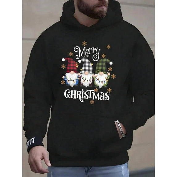 Men'S Black Christmas Santa Claus Print Hooded Sweatshirt - Cozy Loose-Fit Pullover With Merry Christmas Lettering & Santa Design, Durable Machine-Washable Fabric, Pocket, Casual Winter Hoodie For H