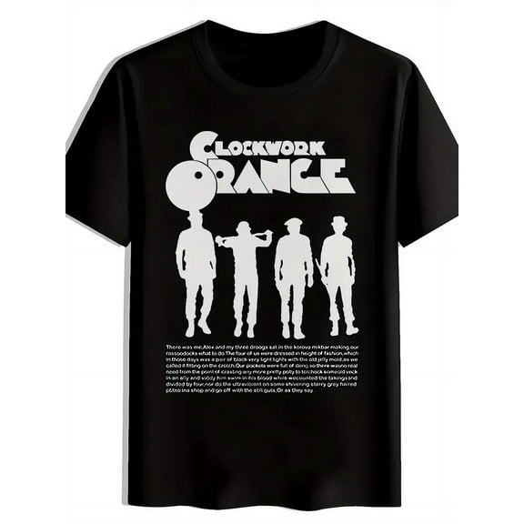 Men'S Black "Clockwork Orange" Graphic T-Shirt - Retro Rock Band Design, Short Sleeve, Round Neck, Casual Summer Top