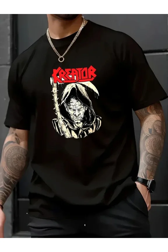 Men'S Black Cotton Casual T-Shirt Short Sleeve, Round Neck Bold "Kreator"