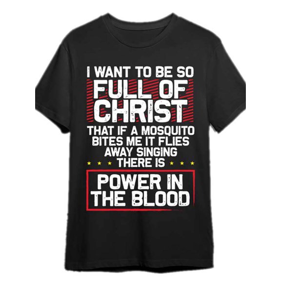 Men'S Black Cotton Pattern T-shirt-"Power in Blood" Religious Design, Short Sleeve, Casual Version, Mosquito and Christ Quotes, Loose Design, Summer Wear