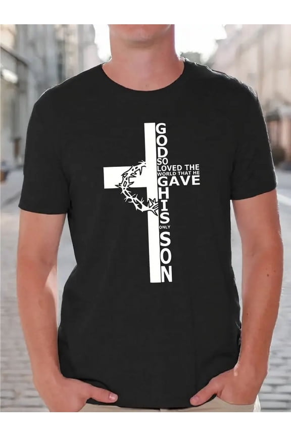 Men'S Black Cotton Printed Short-Sleeved T-Shirt "God Loves This World So Much And Bestowed Upon Him His Only Son" Cross Design Style