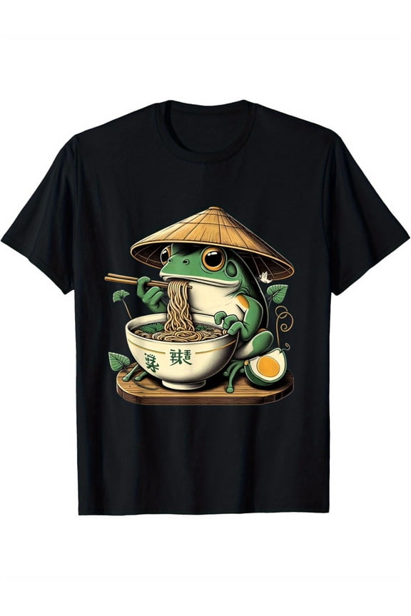 Men'S Black Cotton T-Shirt with Adorable Frog Eating Ramen Graphic - Japanese-Inspired Anime Design, Short Sleeve, Round Neck, Casual Summer Tee for Fans, mfortable Fit