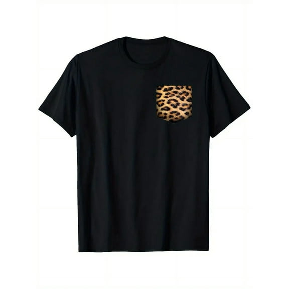 Men'S Black Cotton T-Shirt with Leopard Print Pocket | Soft & Breathable Casual Tee for Animal Lovers