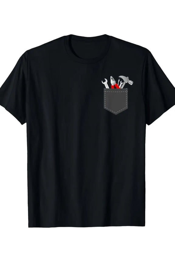 Men'S Black Cotton T-Shirt with Tool Pocket Design- Casual Crew Neck, Short Sleeve,