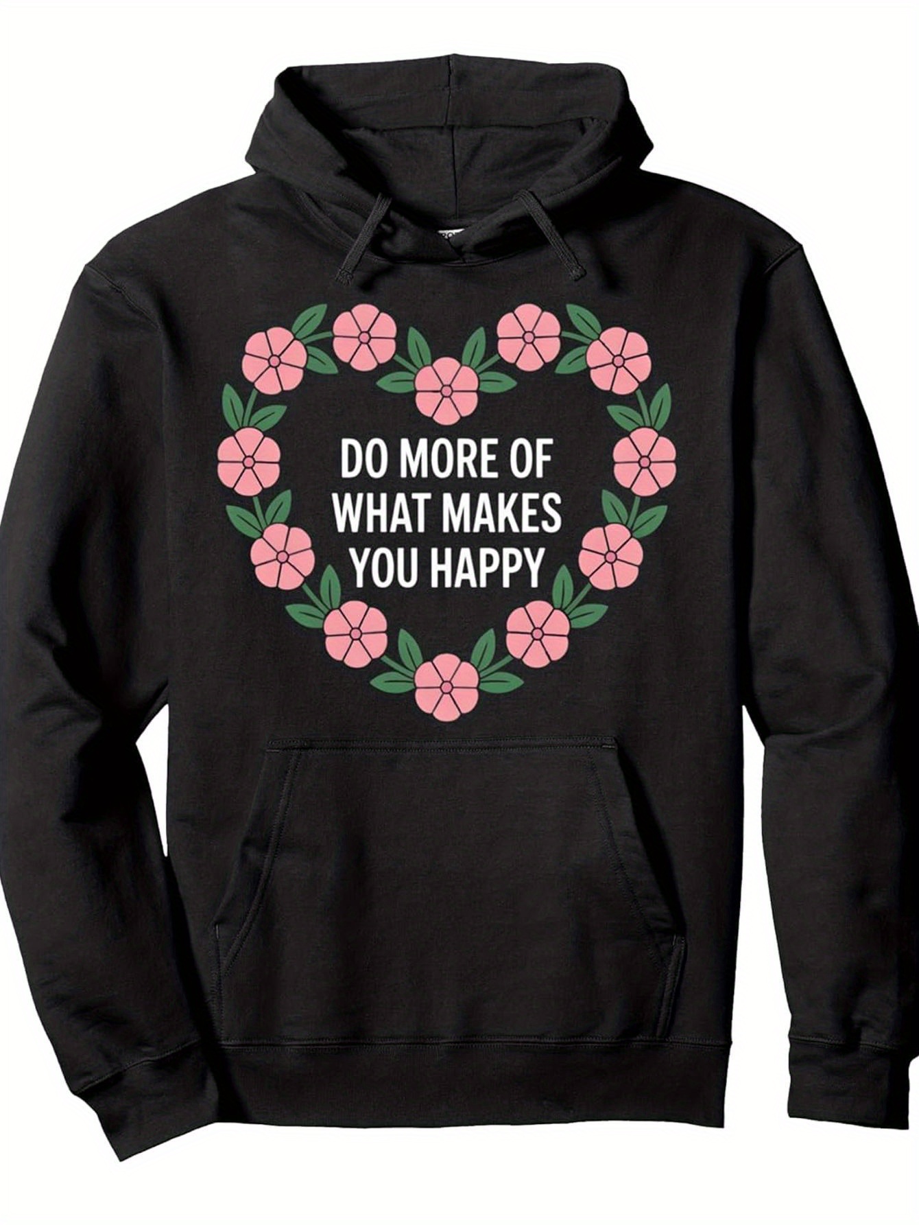 Men'S Black Floral Heart Motivational Hoodie | Pink Flower Print, Soft Pullover Sweatshirt with Drawstring Hood, All-Season Casual Wear, Positive Affirmation Apparel for Men, Long Sleeve, Regular Fit