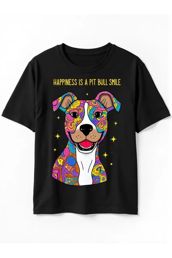 Men'S Black Graphic T-Shirt - Pit Bull Smile Design with "Happiness is a Pitbull Smile" Quote, Soft Everyday Tee for Dog Lovers, Casual Streetwear Apparel for Parties