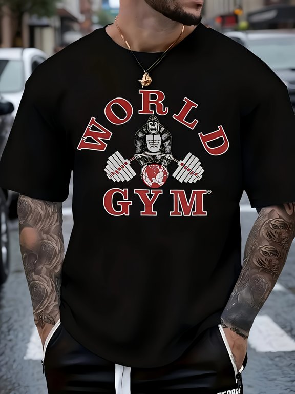 Men'S Black Gym Graphic T-Shirt - Bold "World Gym" Design with Dumbbell & Barbell, Soft Breathable Round Neck, Casual Gym & Casual Attire, Gym Shirts