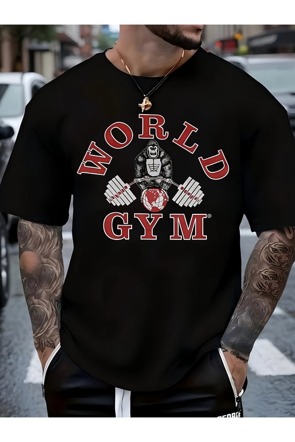Men'S Black Gym Graphic T-Shirt - Bold "World Gym" Design with Dumbbell & Barbell, Soft Breathable Round Neck, Casual Gym & Casual Attire, Gym Shirts