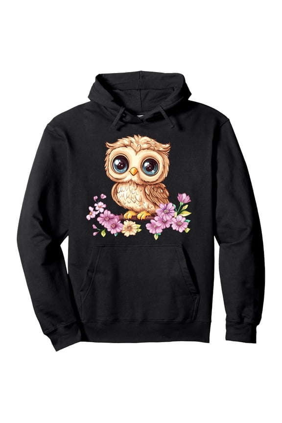 Men'S Black Heavyweight Hooded Sweatshirt with Adorable Owl & Floral Print - Cute Cartoon Owl Face & Pink Flowers Design, All-Season Casual Pullover Hoodie for Christmas, Valentine'S Day, New Ye