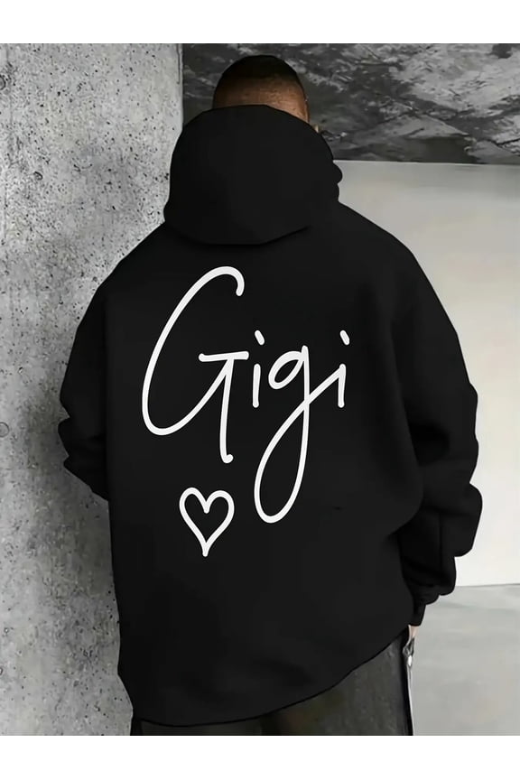 Men'S Black Hoodie with Cursive Gigi Lettering - Adjustable Hood & Chest Pocket, All-Season Gym Running Hiking Sweatshirt, Minimalist Retro Pullover for Casual & Formal Outfits, Comfortable Regular F