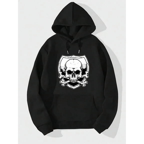 Men'S Black Hoodie - "Skull And Crossbones" Graphic Pullover, Cozy Fleece-Lined Interior For Fall/Winter, Everyday & Party Streetwear Essential Hoodie For Men, Winter Clothing, Comfortable Fit, Digit