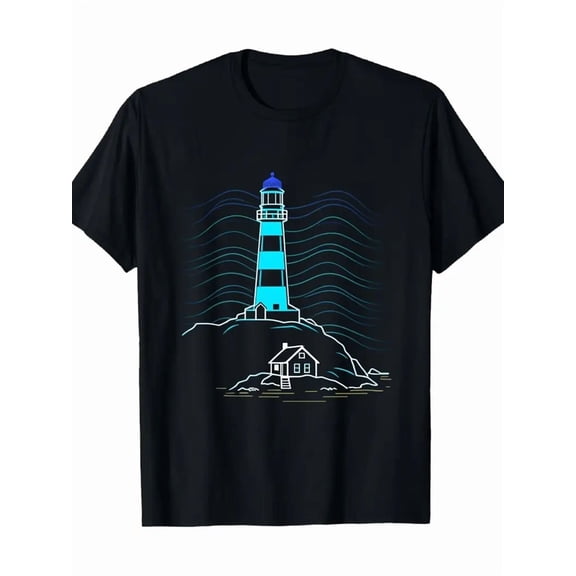 Men'S Black Lighthouse Graphic T-Shirt - Soft Breathable 180gsm Crew Neck Tee with Blue & Nautical Print, All-Season Casual & Outdoor Shirt for Gym, Beach, Parties - Stretch