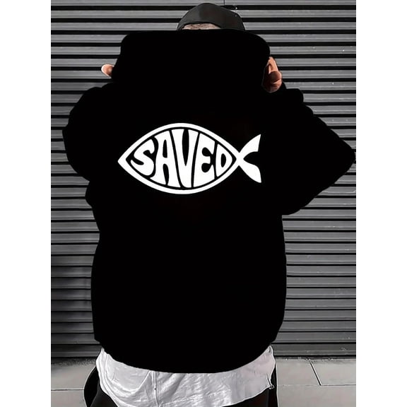 Men'S Black SAVED Fish Graphic Hoodie - Tropical Fish Print Pullover Sweatshirt with Bold White Lettering, Relaxed Fit Long Sleeve, Medium Stretch Fabric, All-Season Casual Wear, Comfortable Hooded S