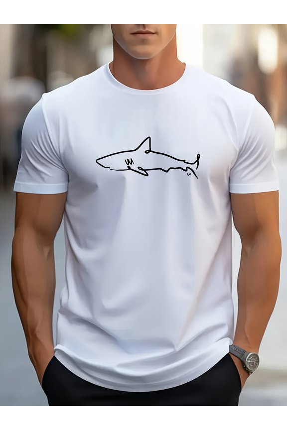 Men'S Black Shark Pattern T-Shirt - Comfortable And Soft, Round Neck, Short Sleeves | Perfect for Summer Outdoor Activities | Street Style T-Shirt with a Minimalist Shark Design