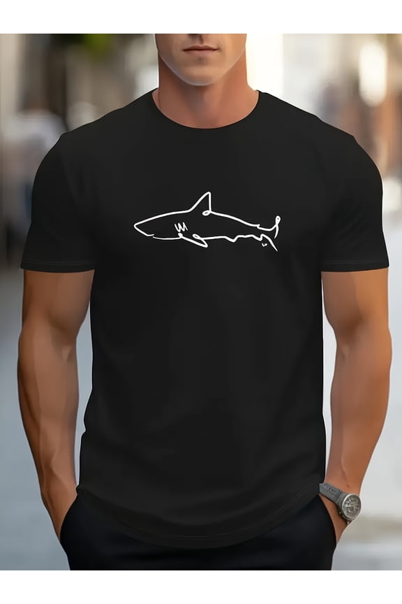 Men'S Black Shark Pattern T-Shirt - Comfortable And Soft, Round Neck, Short Sleeves | Perfect for Summer Outdoor Activities | Street Style T-Shirt with a Minimalist Shark Design