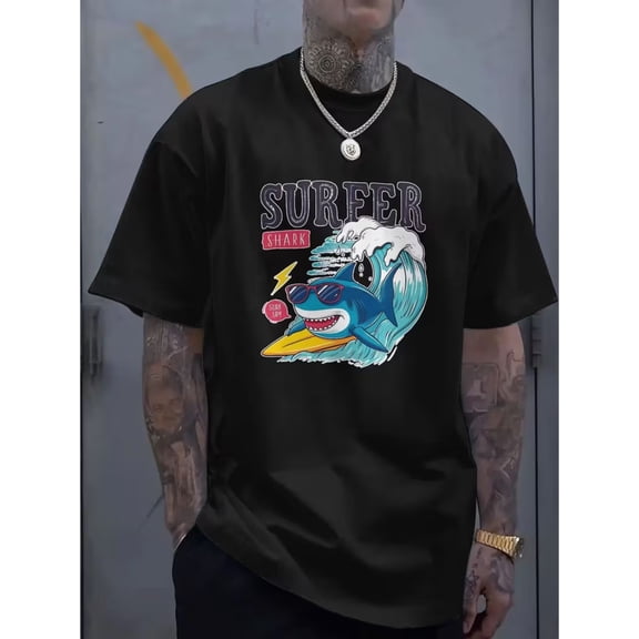 Men'S Black Surfer Shark Print T-Shirt | Casual Beach Style with SUFER CLUB Design, Lightweight Holiday Wear, Comfortable Warm Weather Surfing Theme, Classic Crew Neck