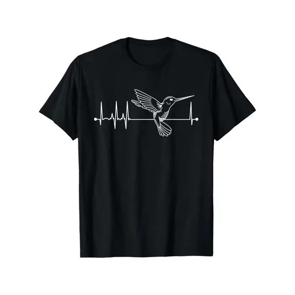 Men'S Black T-Shirt - Heartbeat Graphic with Flying Hummingbird - Soft Stretchy Fabric Casual Everyday & Birdwatching Shirt - Nature Lover Apparel - All-Season Comfort Fit Tee