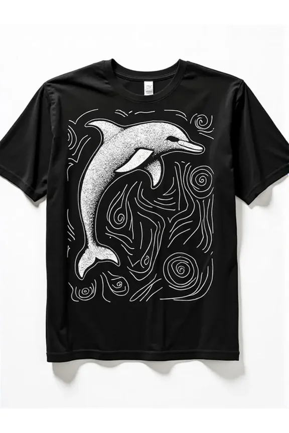 Men'S Black T-Shirt with White Dolphin & Swirling Patterns - Soft Breathable Fabric, Regular Fit Casual Tee for Everyday & Adventure Wear - Perfect Gift for Marine Life Lovers